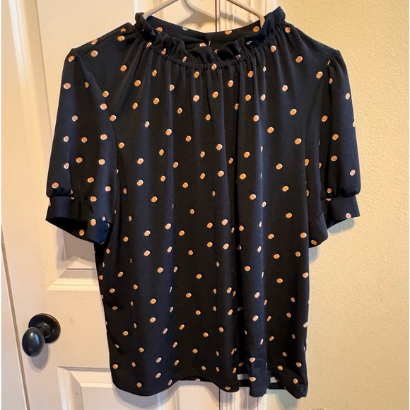 Adrianna Papell Black White Tan Polka Dot Short Sleeve Blouse Sz L - Picture 1 of 9